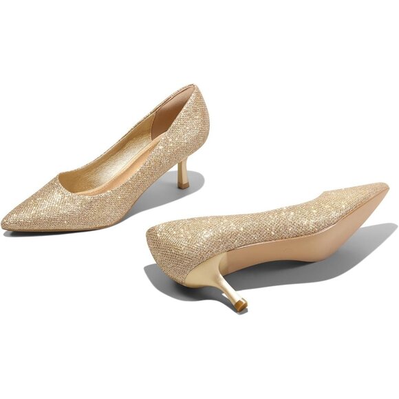 Women's Gold Pumps 2 inch Kitten Heel Pointed Toe Low Heel Dress Shoes - Picture 4 of 7